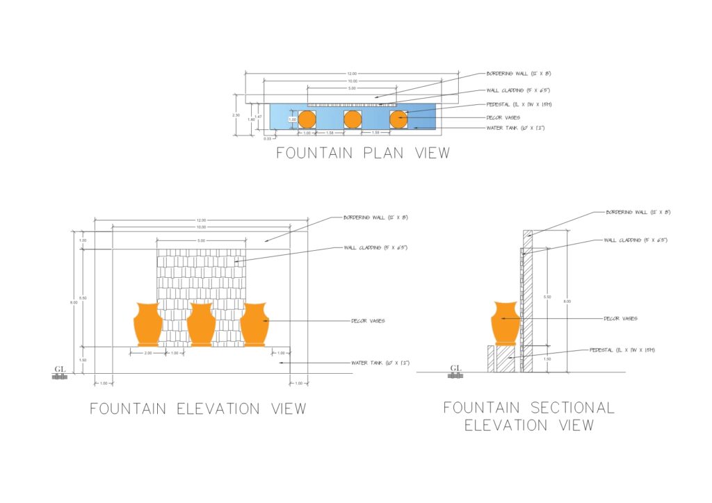 Technical CAD drawings and construction details for a bespoke landscape waterfall feature.
