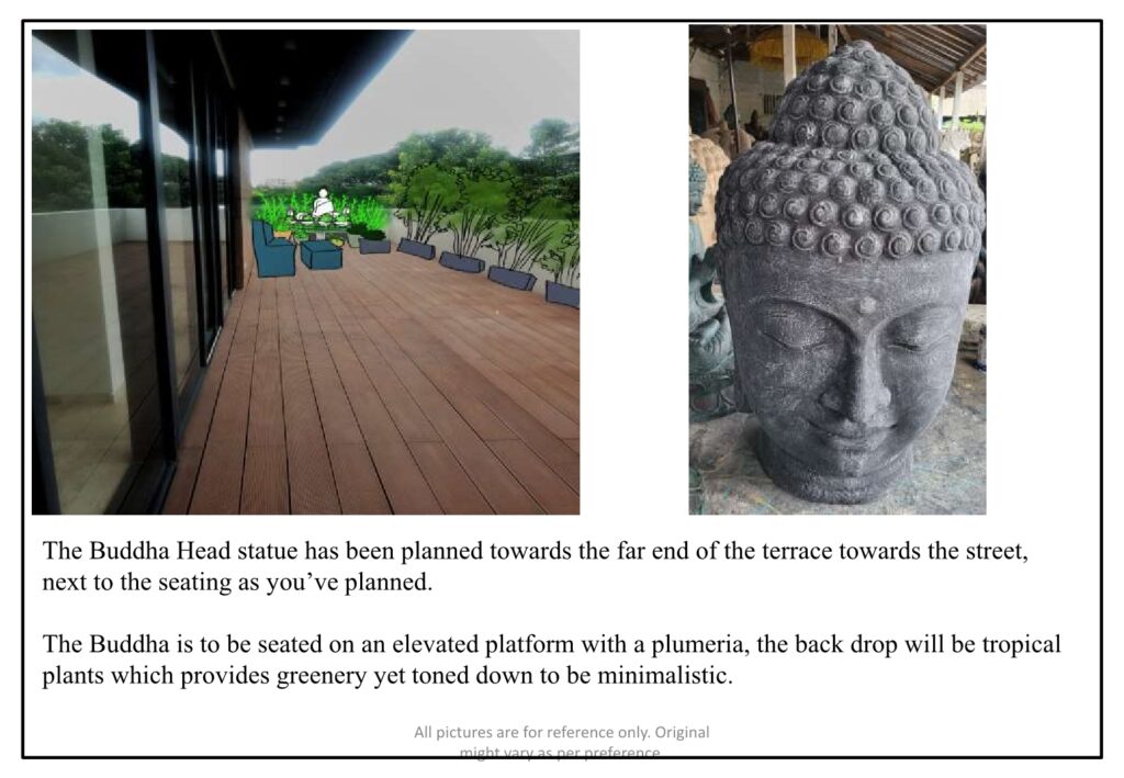 Zen terrace garden concept for urban apartment featuring a Buddha head ornament and tropical screening - Cherry Gardens.