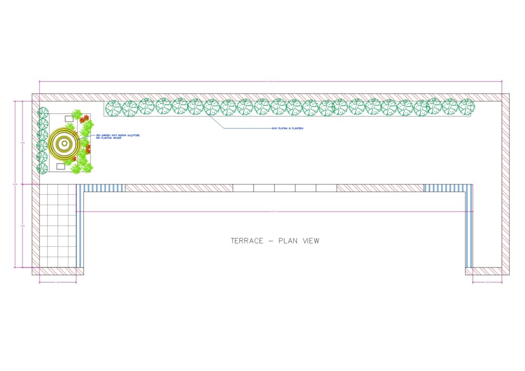 Detailed terrace garden plan view for a luxury villa featuring spatial flow and green screening.