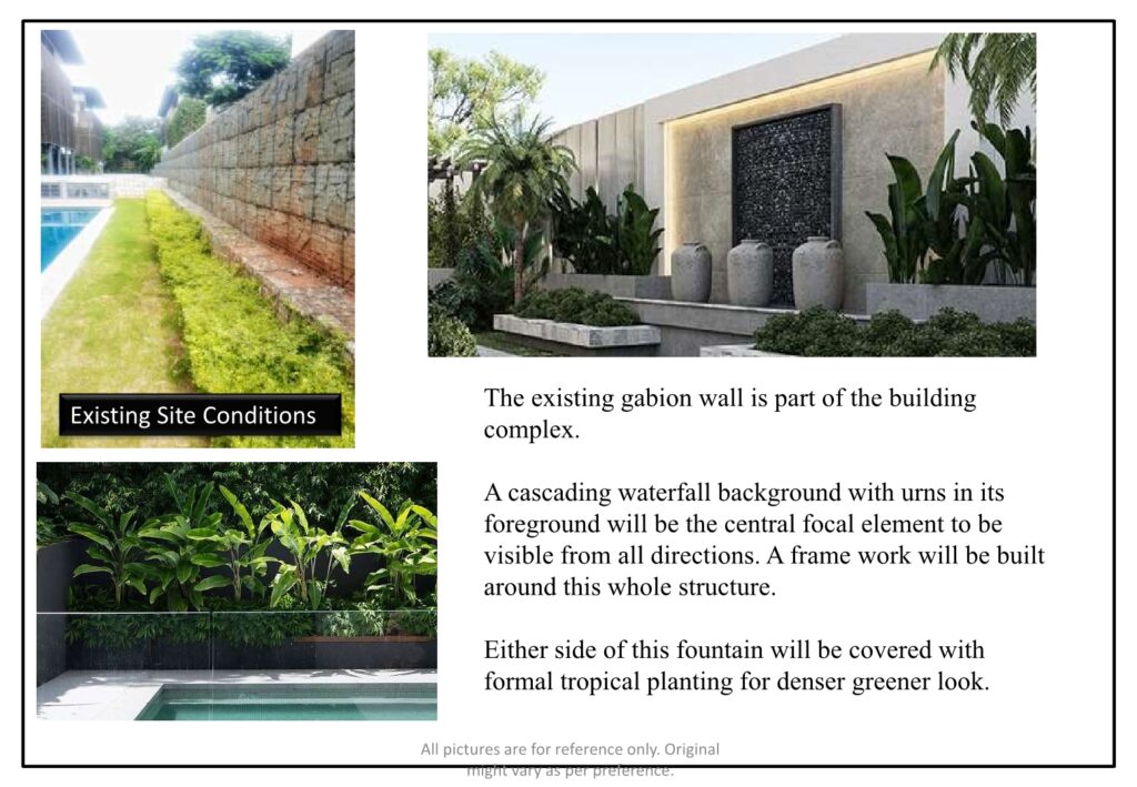 Outdoor social hub concept for luxury bungalow with seating and architectural plants.