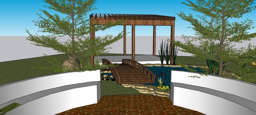 3D design for a farmhouse landscape showing a bridge across a pond leading to a seating area.