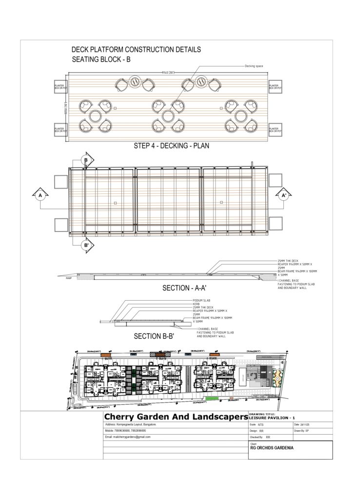 Construction detail sheet for fabrication of pergola and landscape edge treatments.