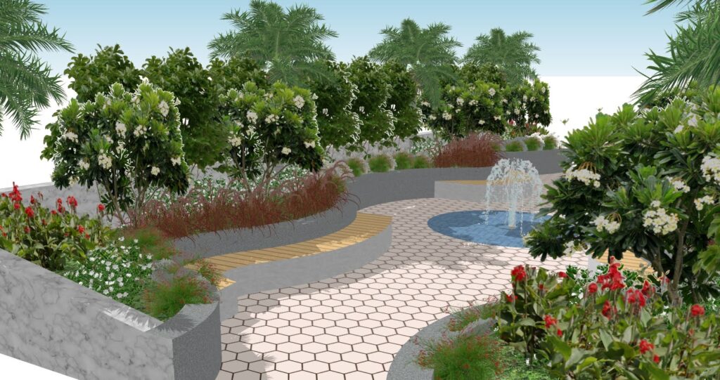 3D visualization of an entry park for a luxury apartment complex in Bangalore.