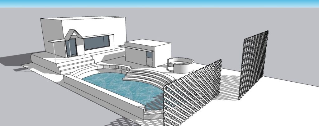 3D landscape render of a private farmhouse featuring a luxury swimming pool and lounging deck.