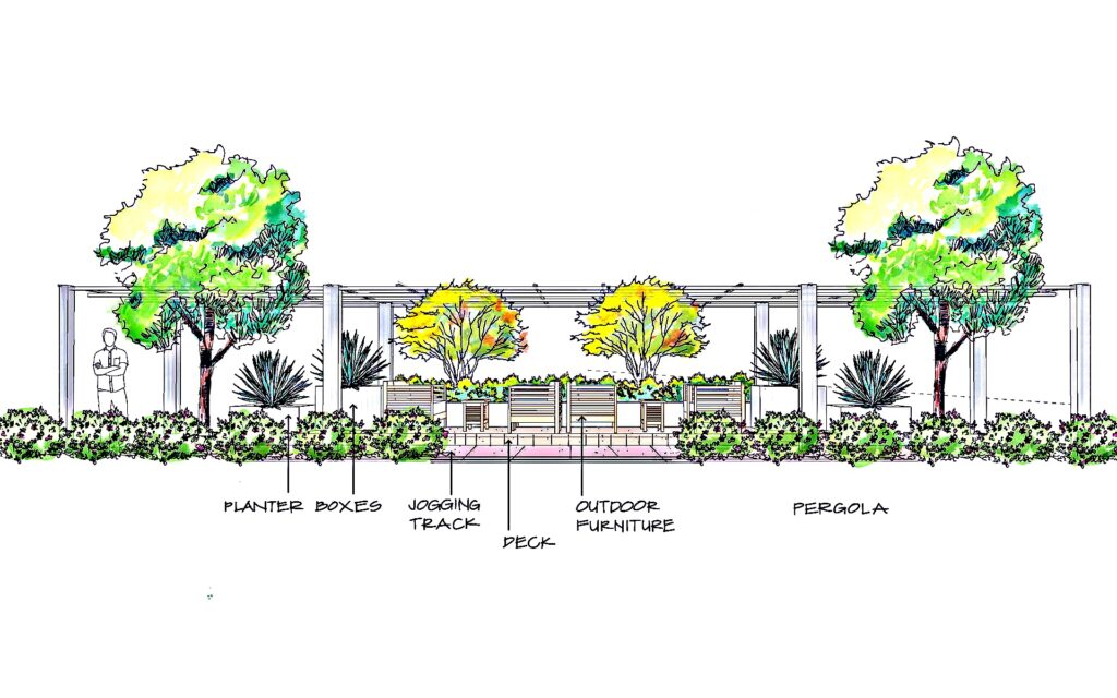 3D landscape visualization of a modern seating pavilion with architectural roof and lighting.
